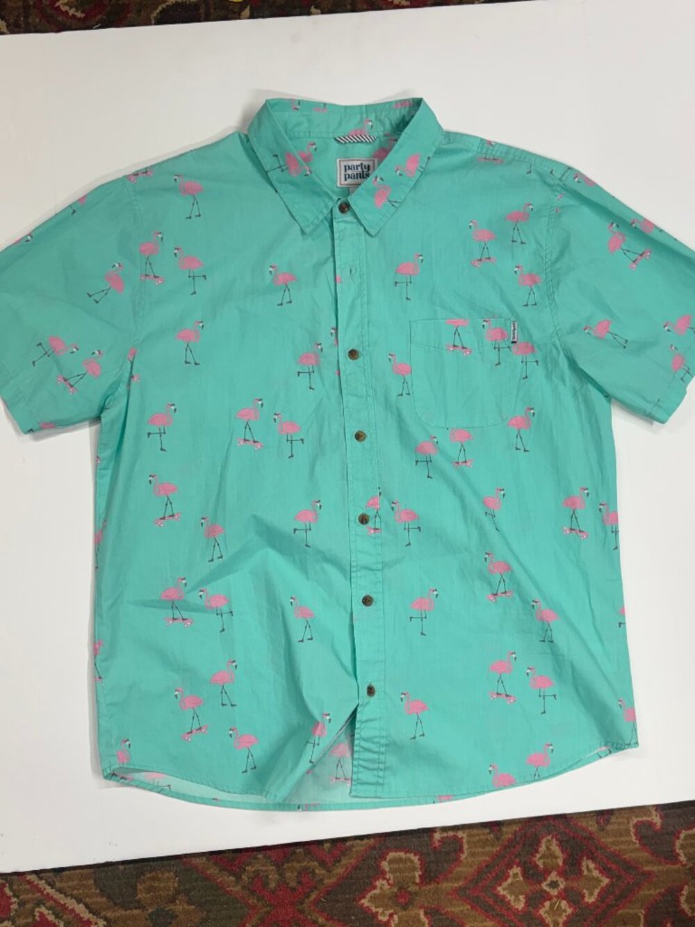 Party Pants Flamingo Button Up Shirt Mens XL Teal Pink Print